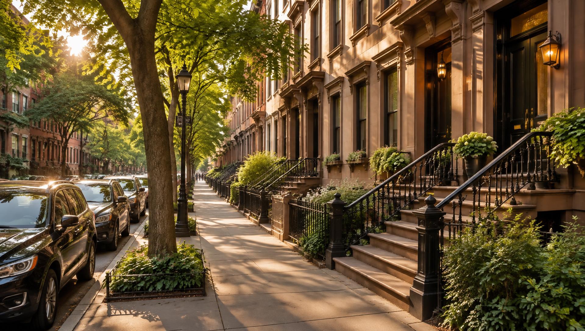 Sunlit tree-lined New York City brownstone street with cars parked along the curb